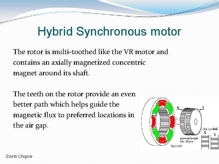 Hybrid Synchronous motor The rotor is multi-toothed like the VR motor and contains an