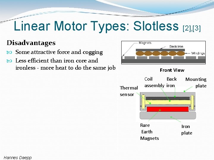 Linear Motor Types: Slotless [2], [3] Side View Disadvantages Some attractive force and cogging