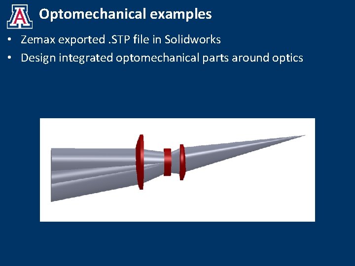 Optomechanical examples • Zemax exported. STP file in Solidworks • Design integrated optomechanical parts