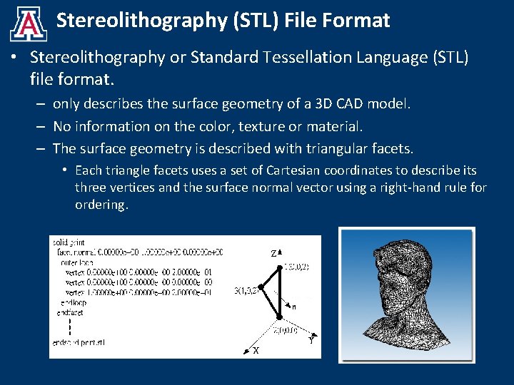 Stereolithography (STL) File Format • Stereolithography or Standard Tessellation Language (STL) file format. –