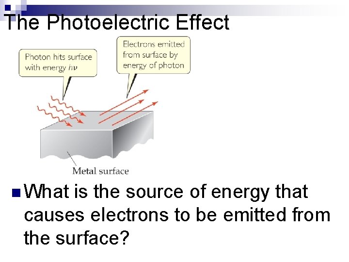 The Photoelectric Effect n What is the source of energy that causes electrons to