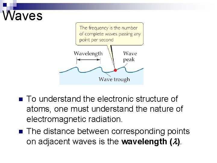 Waves n n To understand the electronic structure of atoms, one must understand the