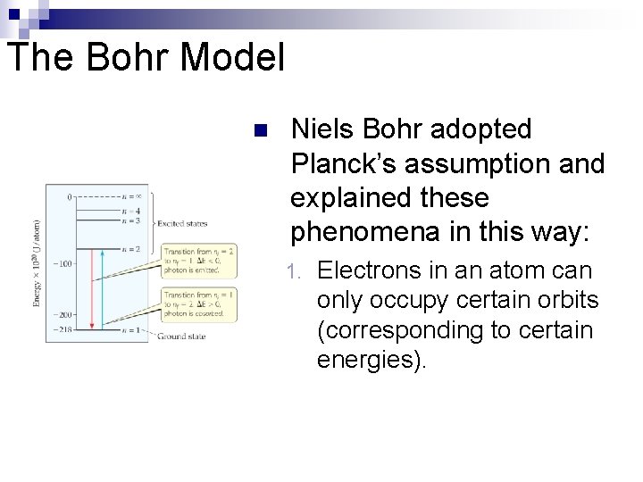 The Bohr Model n Niels Bohr adopted Planck’s assumption and explained these phenomena in