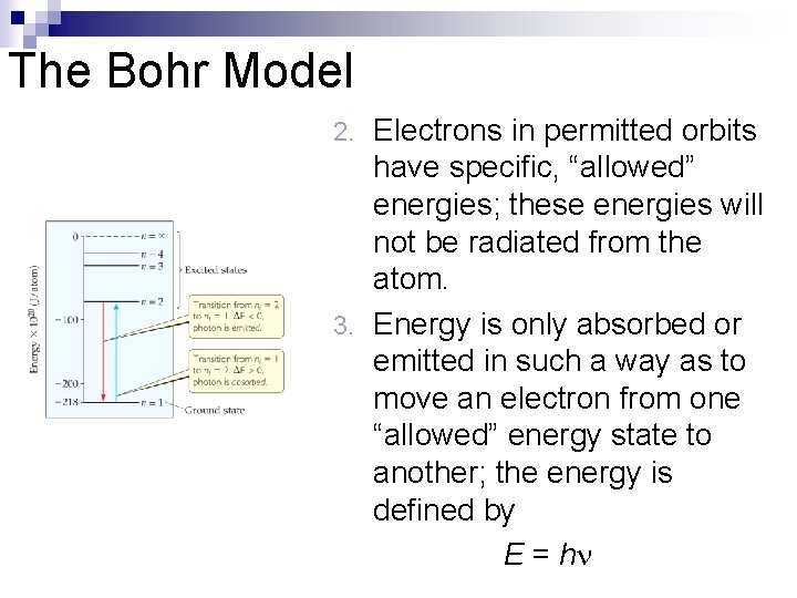 The Bohr Model Electrons in permitted orbits have specific, “allowed” energies; these energies will