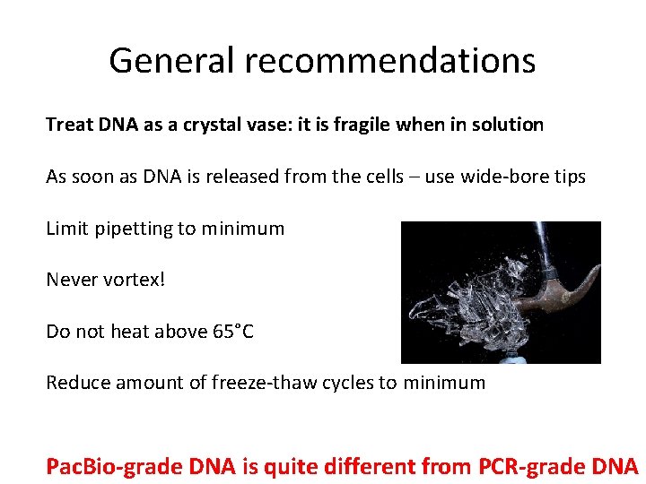 General recommendations Treat DNA as a crystal vase: it is fragile when in solution