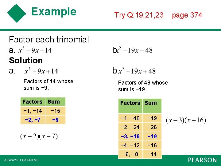 Example Factor each trinomial. a. Solution a. Factors of 14 whose sum is −