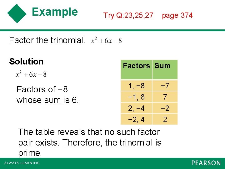 Example Try Q: 23, 25, 27 page 374 Factor the trinomial. Solution Factors of