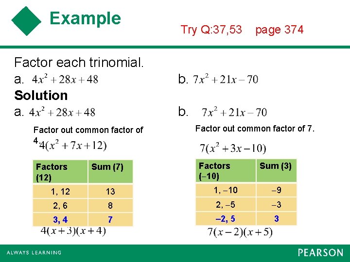 Example Factor each trinomial. a. Solution a. Factor out common factor of 4. Factors