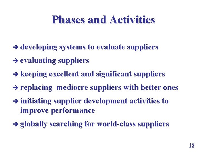 Phases and Activities è developing systems to evaluate suppliers è evaluating suppliers è keeping Phases and Activities è developing systems to evaluate suppliers è evaluating suppliers è keeping