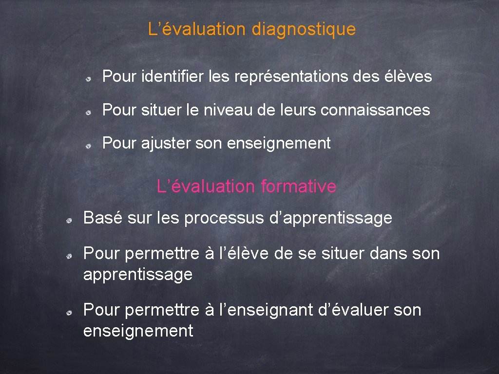 L’évaluation diagnostique Pour identifier les représentations des élèves Pour situer le niveau de leurs