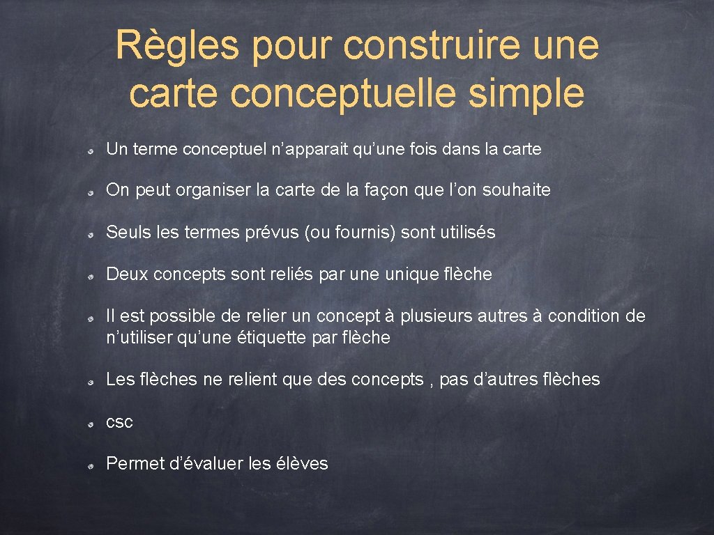 Règles pour construire une carte conceptuelle simple Un terme conceptuel n’apparait qu’une fois dans