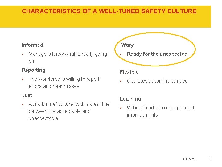 CHARACTERISTICS OF A WELL-TUNED SAFETY CULTURE Informed • Managers know what is really going
