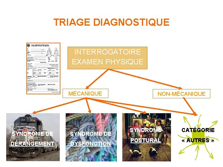 TRIAGE DIAGNOSTIQUE INTERROGATOIRE EXAMEN PHYSIQUE MÉCANIQUE SYNDROME DE DÉRANGEMENT DYSFONCTION NON-MÉCANIQUE SYNDROME CATÉGORIE POSTURAL