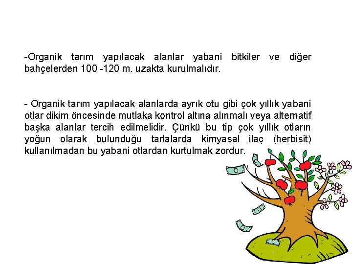 -Organik tarım yapılacak alanlar yabani bitkiler ve diğer bahçelerden 100 -120 m. uzakta kurulmalıdır.