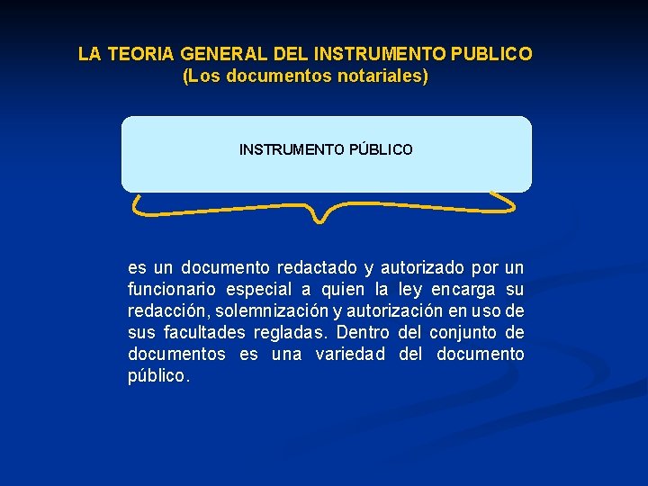 LA TEORIA GENERAL DEL INSTRUMENTO PUBLICO (Los documentos notariales) INSTRUMENTO PÚBLICO es un documento