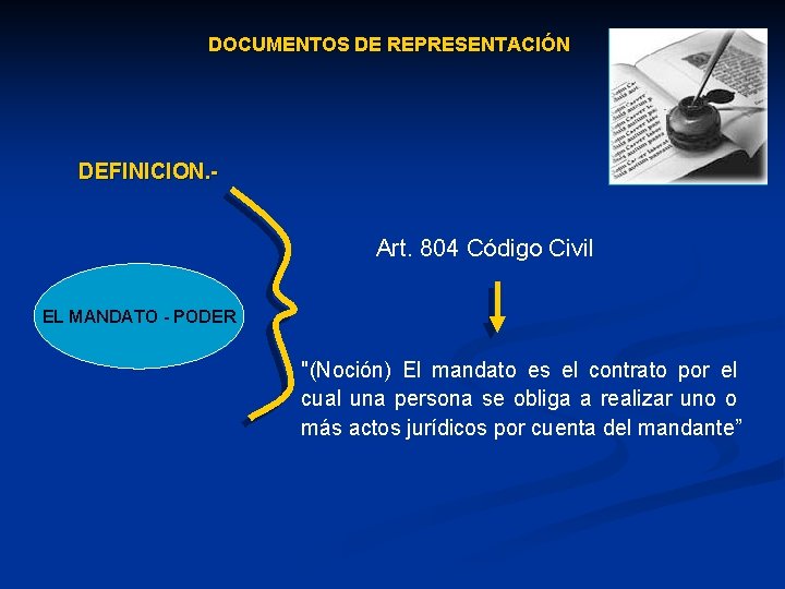 DOCUMENTOS DE REPRESENTACIÓN DEFINICION. - Art. 804 Código Civil EL MANDATO - PODER "(Noción)