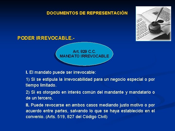 DOCUMENTOS DE REPRESENTACIÓN PODER IRREVOCABLE. - Art. 829 C. C. MANDATO IRREVOCABLE I. El