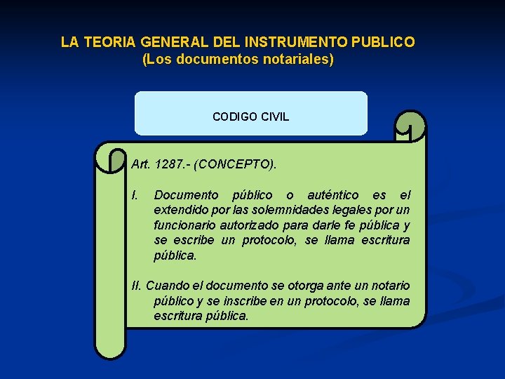 LA TEORIA GENERAL DEL INSTRUMENTO PUBLICO (Los documentos notariales) CODIGO CIVIL Art. 1287. -