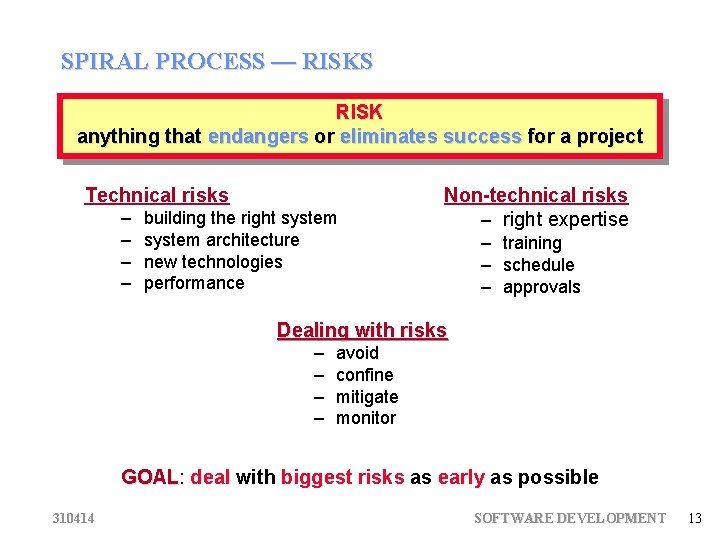 SPIRAL PROCESS — RISKS RISK anything that endangers or eliminates success for a project