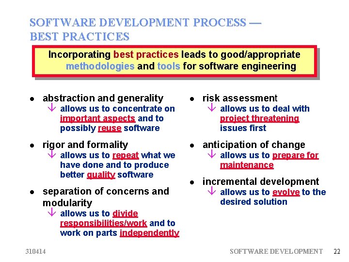 SOFTWARE DEVELOPMENT PROCESS — BEST PRACTICES Incorporating best practices leads to good/appropriate methodologies and