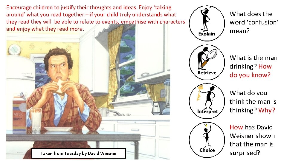 Encourage children to justify their thoughts and ideas. Enjoy ‘talking around’ what you read Encourage children to justify their thoughts and ideas. Enjoy ‘talking around’ what you read