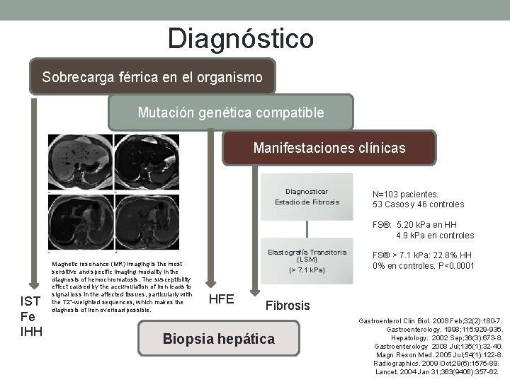 Diagnóstico Sobrecarga férrica en el organismo Mutación genética compatible Manifestaciones clínicas Diagnosticar Estadio de