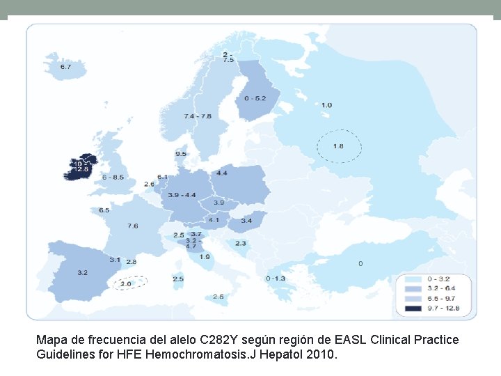 Mapa de frecuencia del alelo C 282 Y según región de EASL Clinical Practice