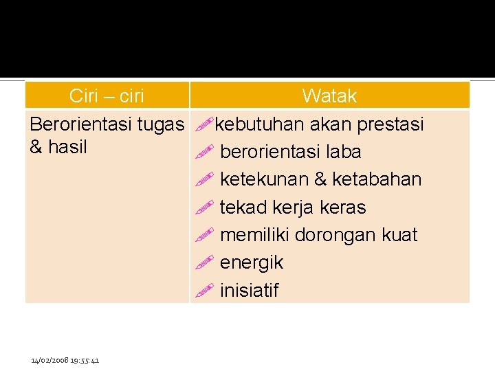 Ciri – ciri Watak Berorientasi tugas !kebutuhan akan prestasi & hasil ! berorientasi laba