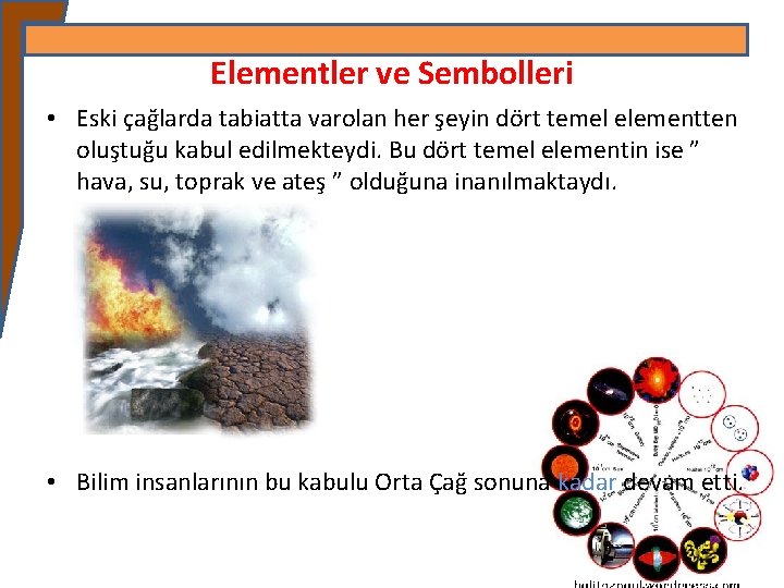 Elementler ve Sembolleri • Eski çağlarda tabiatta varolan her şeyin dört temel elementten oluştuğu