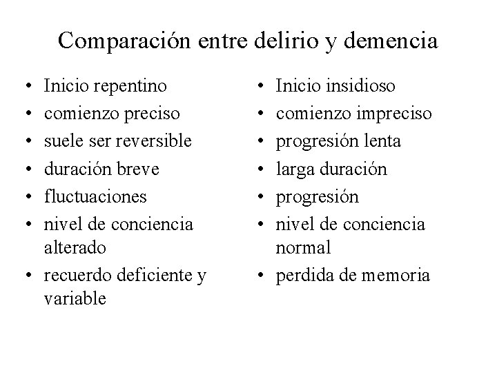 Comparación entre delirio y demencia • • • Inicio repentino comienzo preciso suele ser