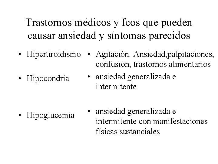 Trastornos médicos y fcos que pueden causar ansiedad y síntomas parecidos • Hipertiroidismo •