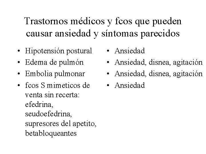 Trastornos médicos y fcos que pueden causar ansiedad y síntomas parecidos • • Hipotensión