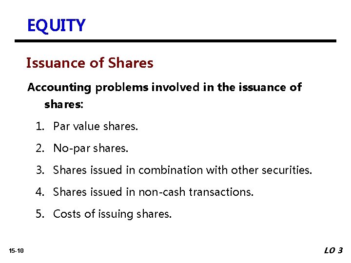 EQUITY Issuance of Shares Accounting problems involved in the issuance of shares: 1. Par