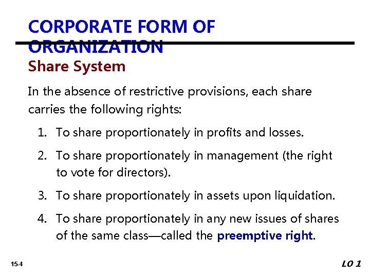 CORPORATE FORM OF ORGANIZATION Share System In the absence of restrictive provisions, each share