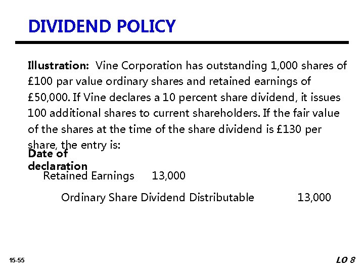 DIVIDEND POLICY Illustration: Vine Corporation has outstanding 1, 000 shares of £ 100 par