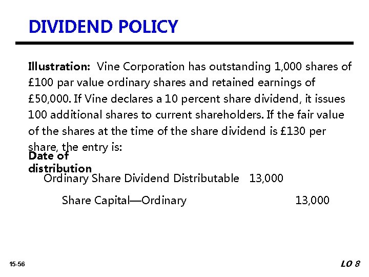 DIVIDEND POLICY Illustration: Vine Corporation has outstanding 1, 000 shares of £ 100 par