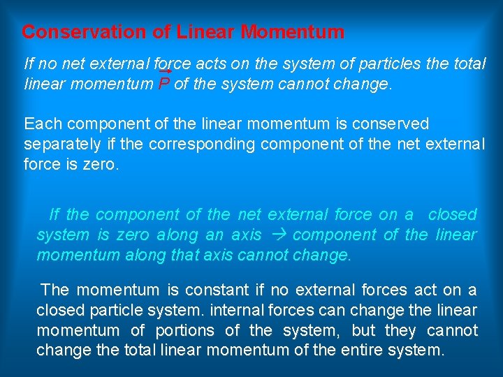 Conservation of Linear Momentum If no net external force acts on the system of