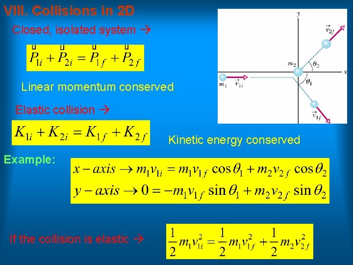 VIII. Collisions in 2 D Closed, isolated system Linear momentum conserved Elastic collision Kinetic