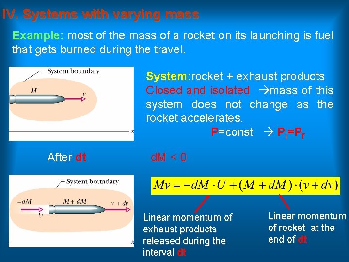 IV. Systems with varying mass Example: most of the mass of a rocket on