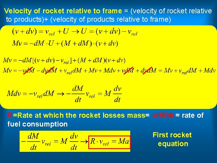 Velocity of rocket relative to frame = (velocity of rocket relative to products)+ (velocity