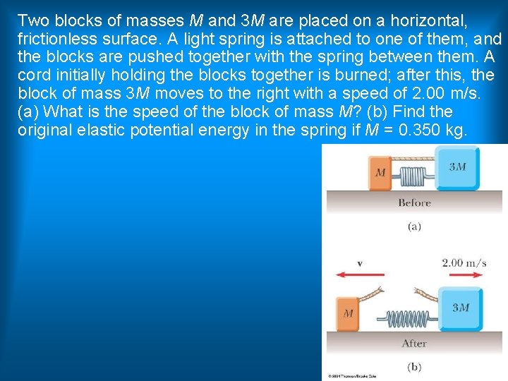 Two blocks of masses M and 3 M are placed on a horizontal, frictionless