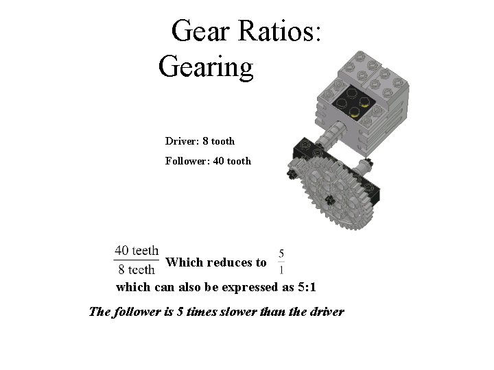 Gear Ratios: Gearing Down Driver: 8 tooth Follower: 40 tooth Which reduces to which