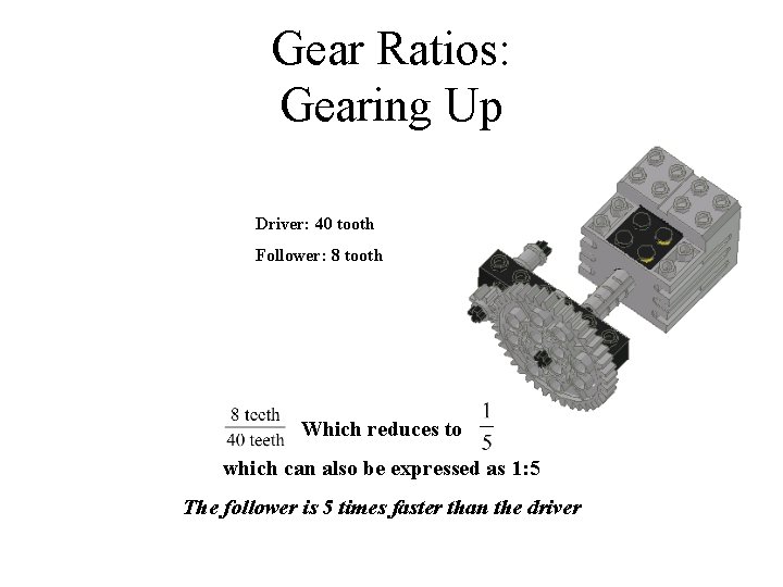 Gear Ratios: Gearing Up Driver: 40 tooth Follower: 8 tooth Which reduces to which