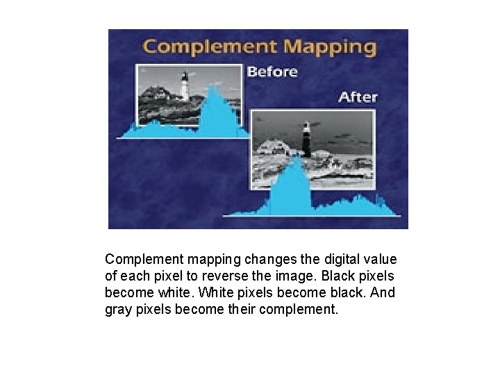 Complement mapping changes the digital value of each pixel to reverse the image. Black