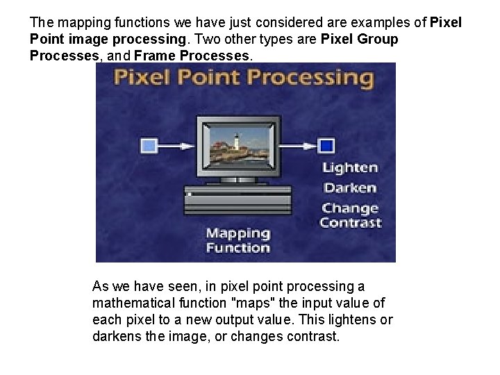 The mapping functions we have just considered are examples of Pixel Point image processing.