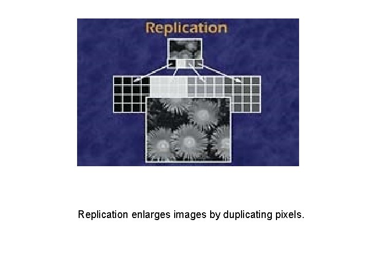 Replication enlarges images by duplicating pixels. 