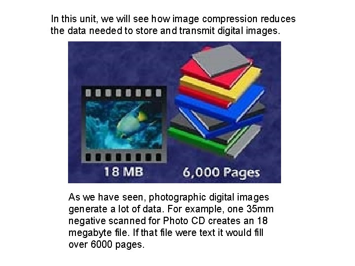 In this unit, we will see how image compression reduces the data needed to