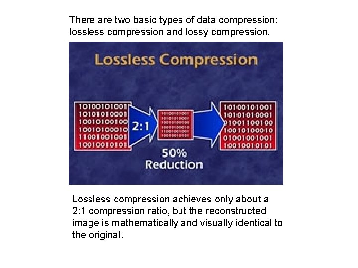 There are two basic types of data compression: lossless compression and lossy compression. Lossless