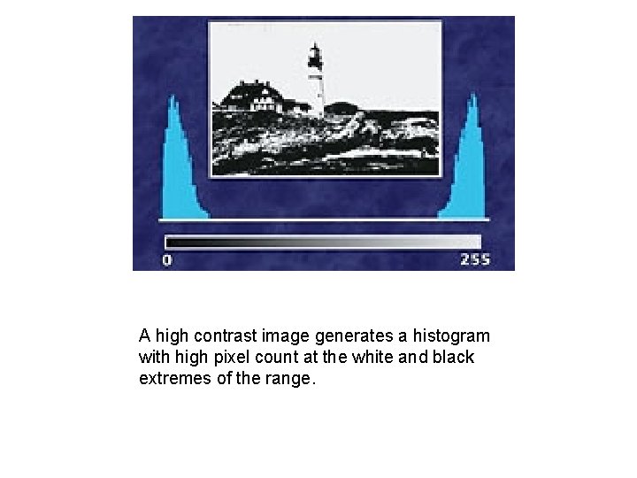 A high contrast image generates a histogram with high pixel count at the white