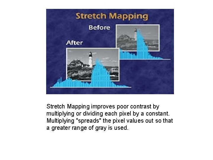 Stretch Mapping improves poor contrast by multiplying or dividing each pixel by a constant.